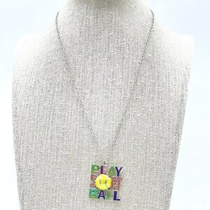 Play Softball Pendant Necklace Silver Tone Chain Glitter Letters Yellow Smiley